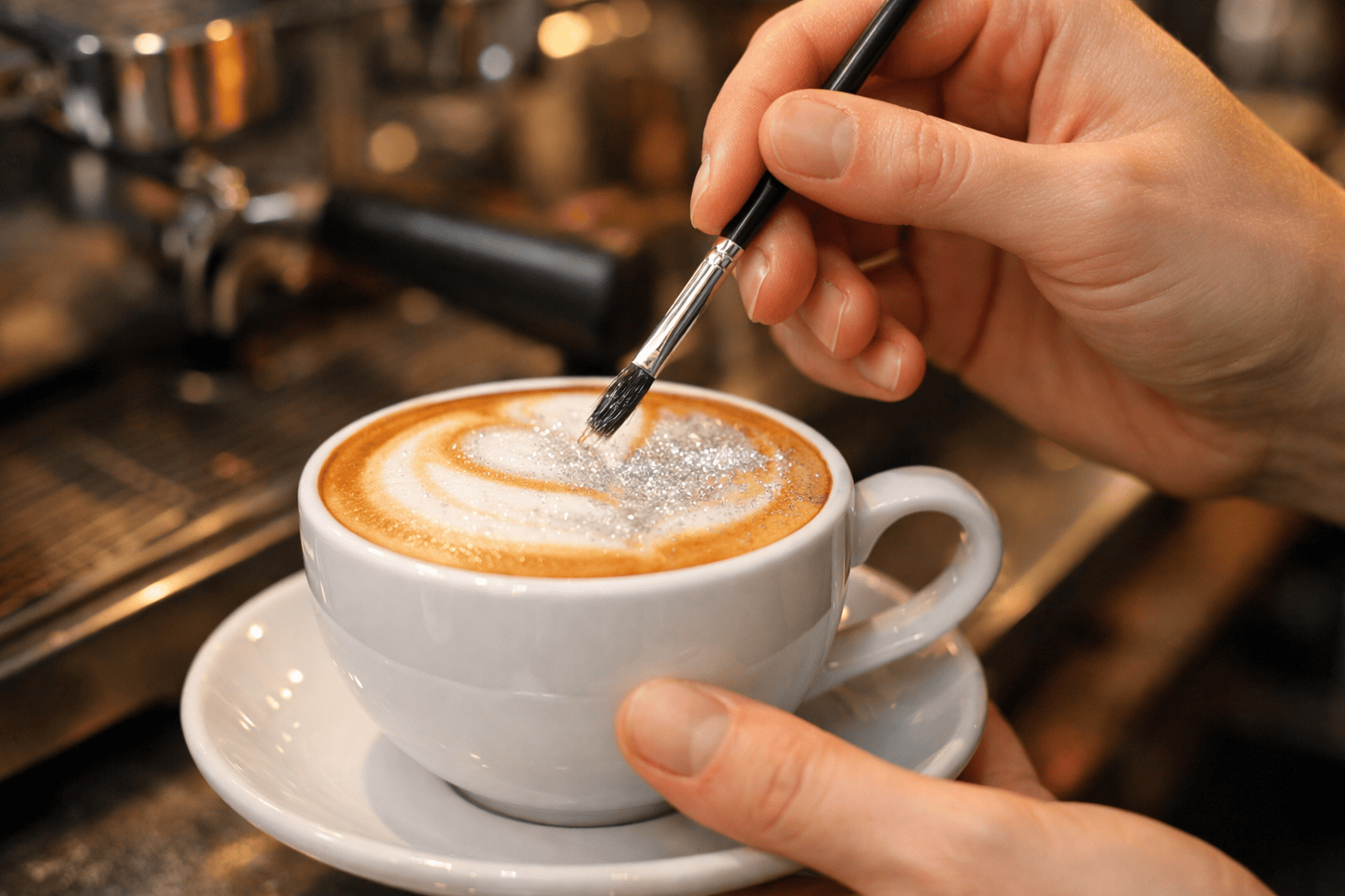 Космический латте-арт: техника рисования блёстками на поверхности кофе