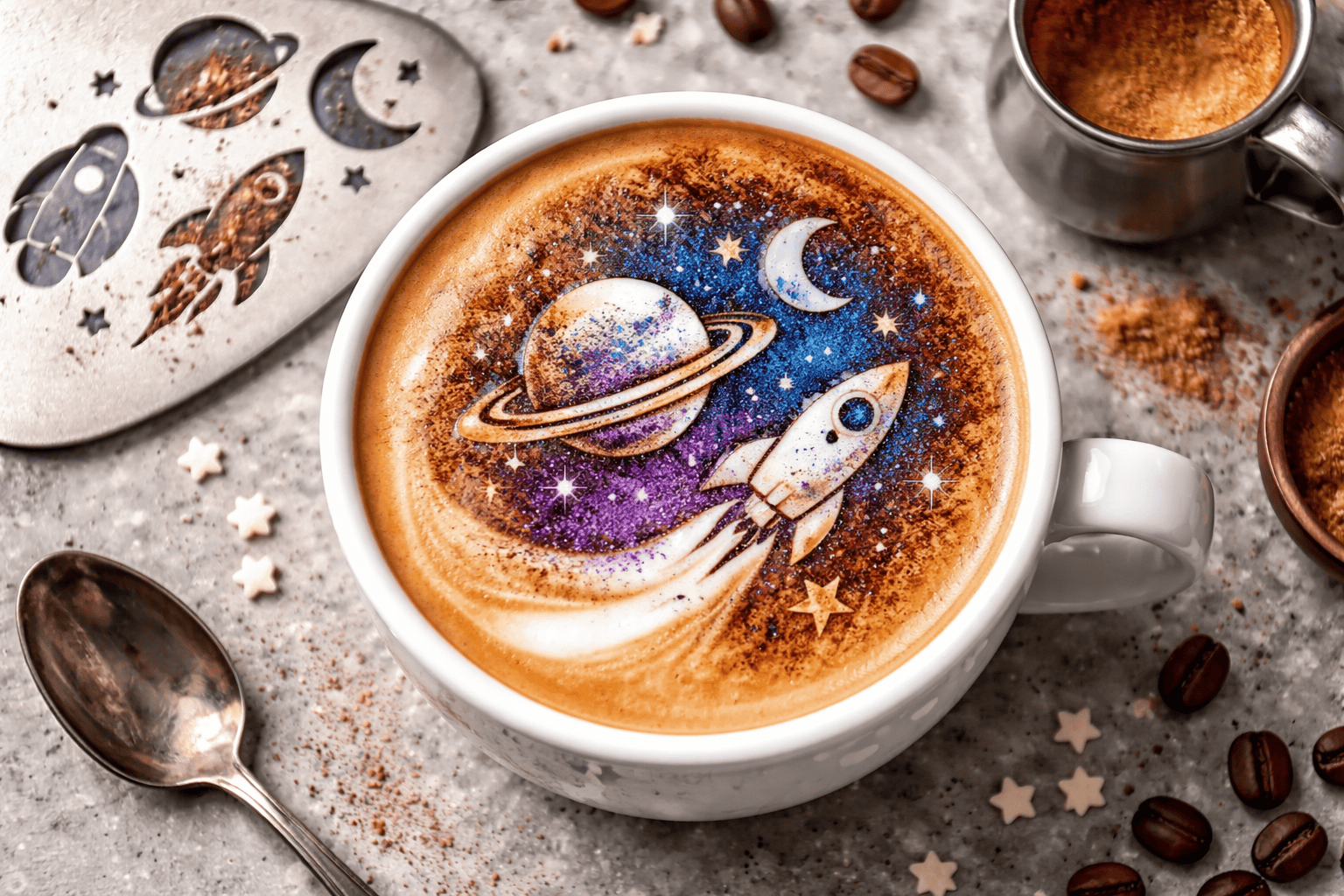 Космический латте-арт: техника рисования блёстками на поверхности кофе