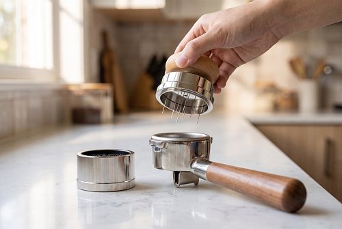 Орбитальный разравниватель игольчатый (темпер) Timemore Pucks Orbital Needle Distributor с подставкой, 58,4 мм, ручка из натурального клена свежеобжаренный кофе