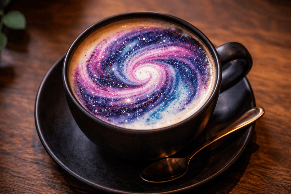 Космический латте-арт: техника рисования блёстками на поверхности кофе, превью